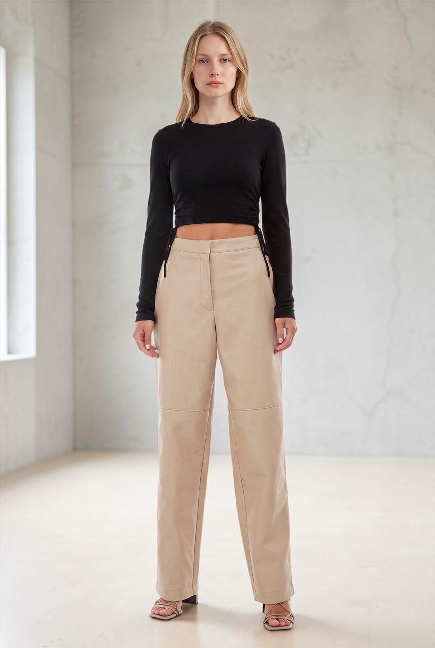 Wayf Faux Leather Pants Beige High Waisted Straight Leg XS NWT Trendy Minimalist